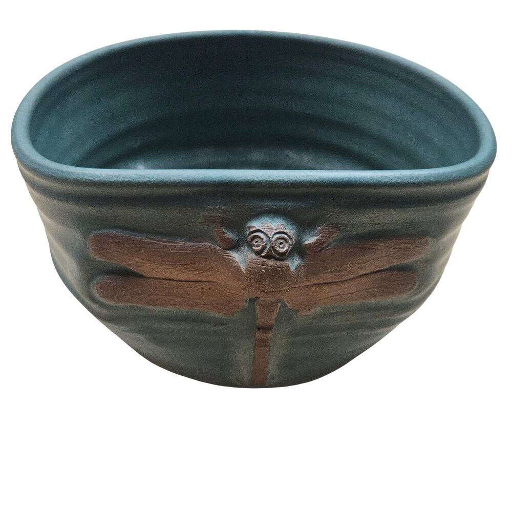 Handmade Vintage Studio Pottery Dragonfly Bowl Teal Blue Glaze Signed Johnson